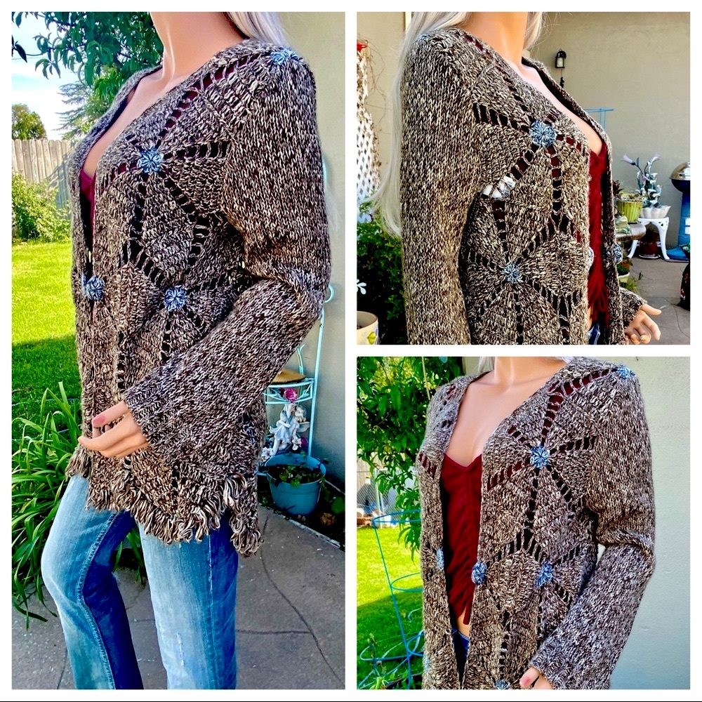 XS-M BoHo Chic Crochet Scallop Fringe Cardigan Duster Sweater - Picture 7 of 16